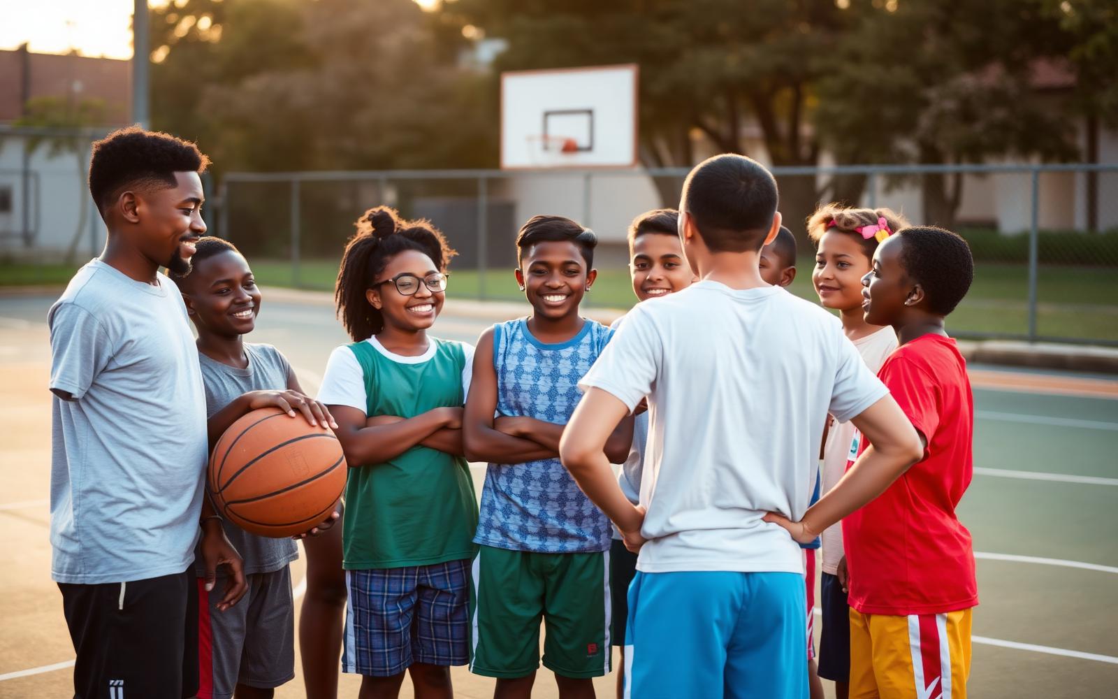 Mentor huddling with a diverse group of youth
